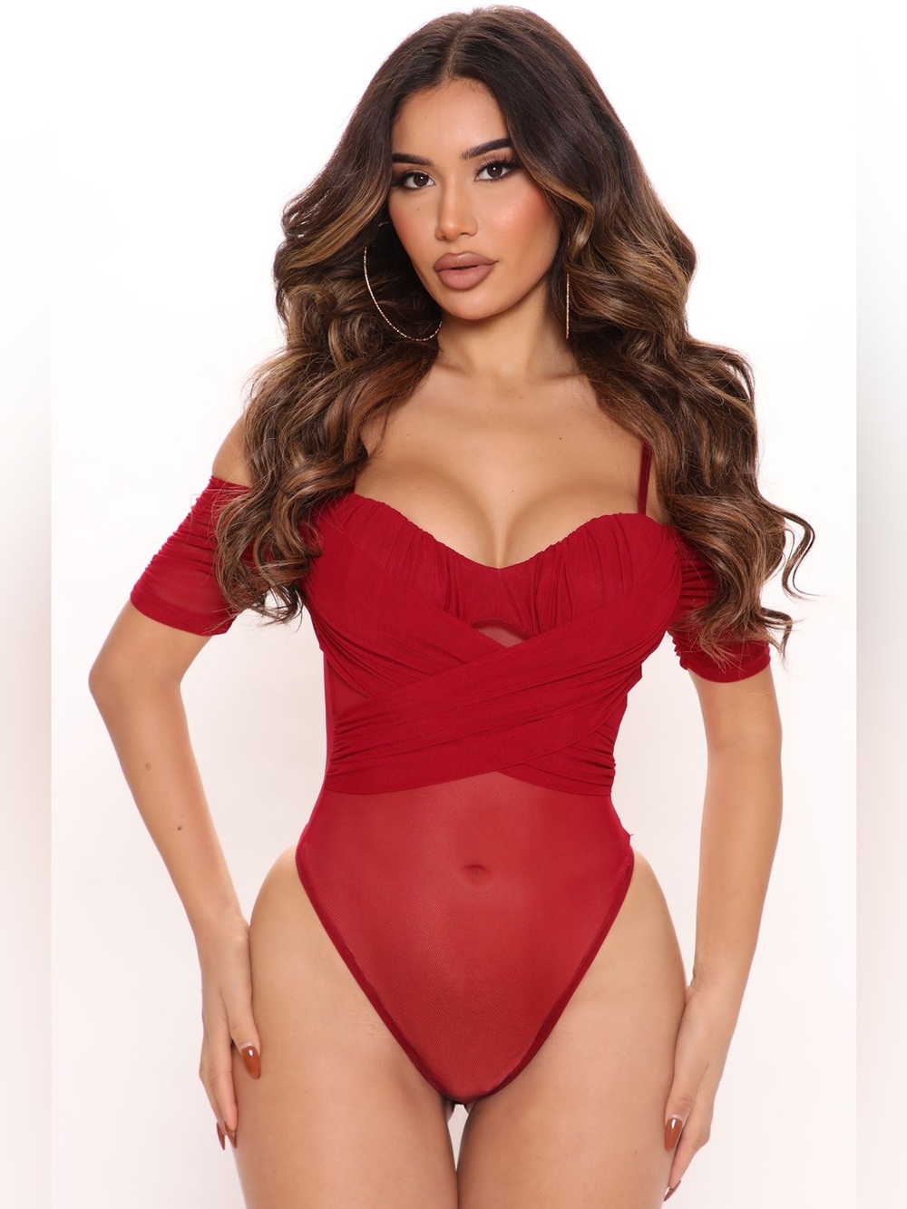 Fashion Nova All The Sass Mesh Bodysuit Wine Red